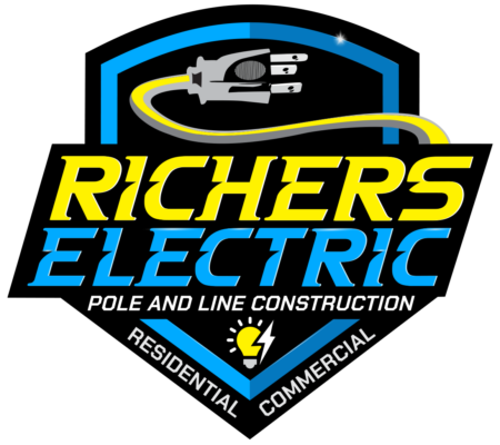 Contact Richers Electric- Richers Electric Logo - a blue shield which has an electrical plug on top, a lightbulb on bottom, and text in the middle which is as follows: Richers Electric, Pole and Line Construction, Residential, Commercial.